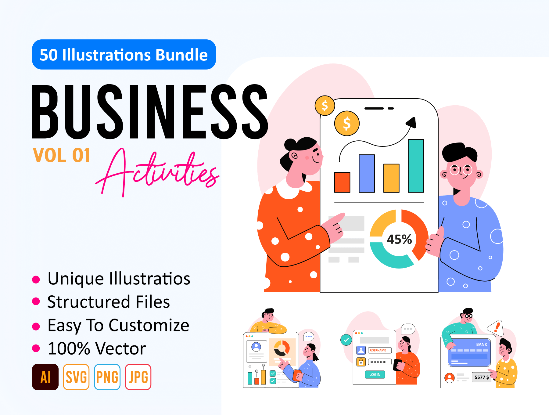 50个商业活动插图 50 Business Activities Illustrations eps, ai, svg, png格式-插画-到位啦UI